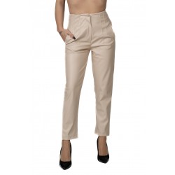 Pantaloni Din Piele Ecologica Gianna Crem Cu Pliuri In Talie