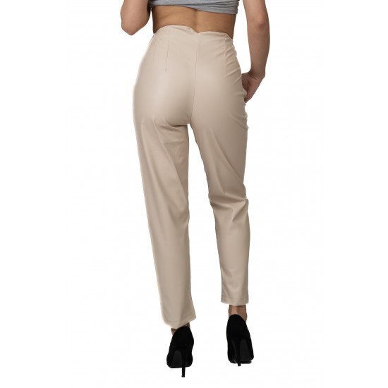 Pantaloni Din Piele Ecologica Gianna Crem Cu Pliuri In Talie Pantaloni Din Piele Ecologica Gianna Crem Cu Pliuri In Talie