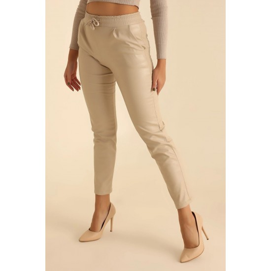 Pantaloni Dama Tip Boyfriend Piele Ecologica vatuiti Crem Rihanna