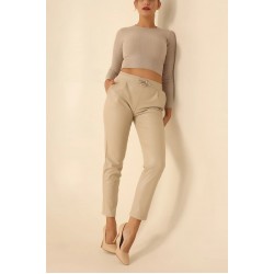 Pantaloni Dama Tip Boyfriend Piele Ecologica vatuiti Crem Rihanna