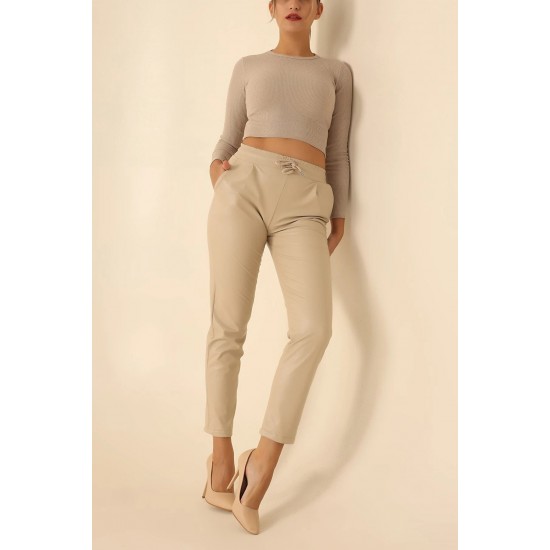 Pantaloni Dama Tip Boyfriend Piele Ecologica vatuiti Crem Rihanna