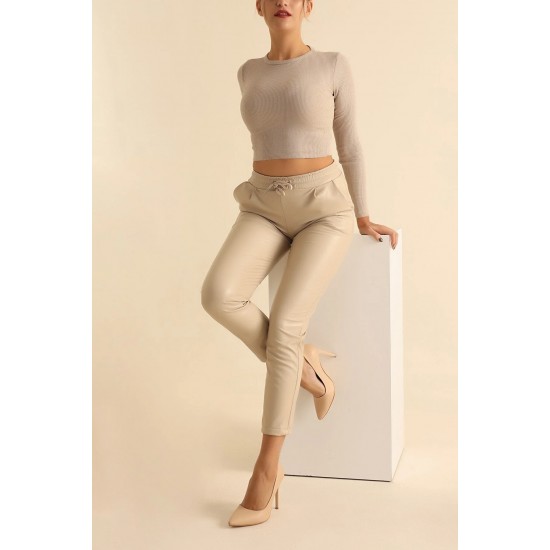 Pantaloni Dama Tip Boyfriend Piele Ecologica vatuiti Crem Rihanna