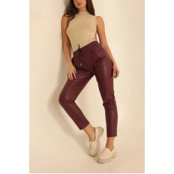 Pantaloni Dama Tip Boyfriend Piele Ecologica vatuiti Grena Rihanna