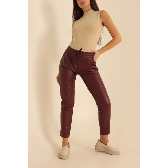 Pantaloni Dama Tip Boyfriend Piele Ecologica vatuiti Grena Rihanna