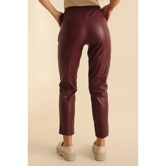 Pantaloni Dama Tip Boyfriend Piele Ecologica vatuiti Grena Rihanna