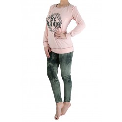 Pijama Dama Marime Mare Verde Kaki Cu Roz Pal