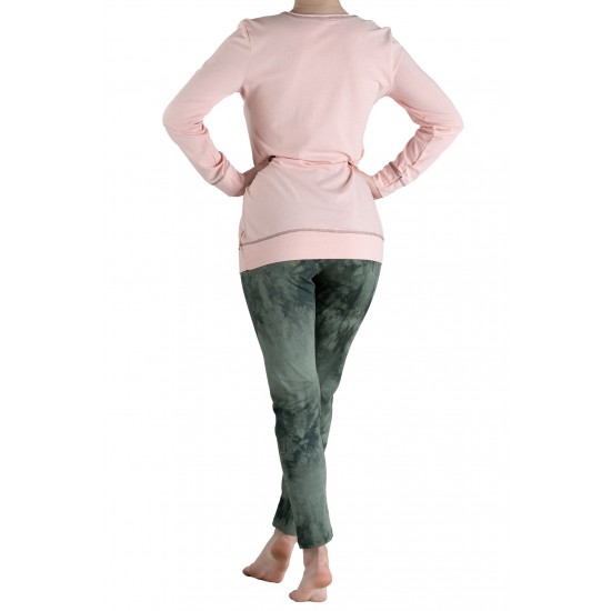 Pijama Dama Marime Mare Verde Kaki Cu Roz Pal