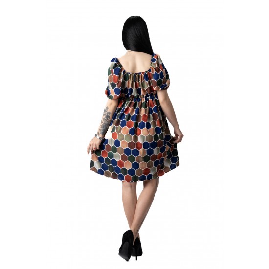 Rochia Carla Din Material Tip Piersica imprimeu albastru fagure multicolor, talie elastica