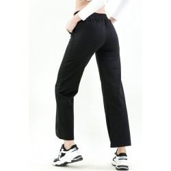 Pantaloni Dama din Bumbac cu Talie Inalta si Banda Elastica Negri