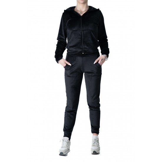 Trening Catifea Dama Din 2 Piese cu Pantaloni sI Bluza Negru , Clover Trening Catifea Dama Din 2 Piese cu Pantaloni sI Bluza Negru , Clover